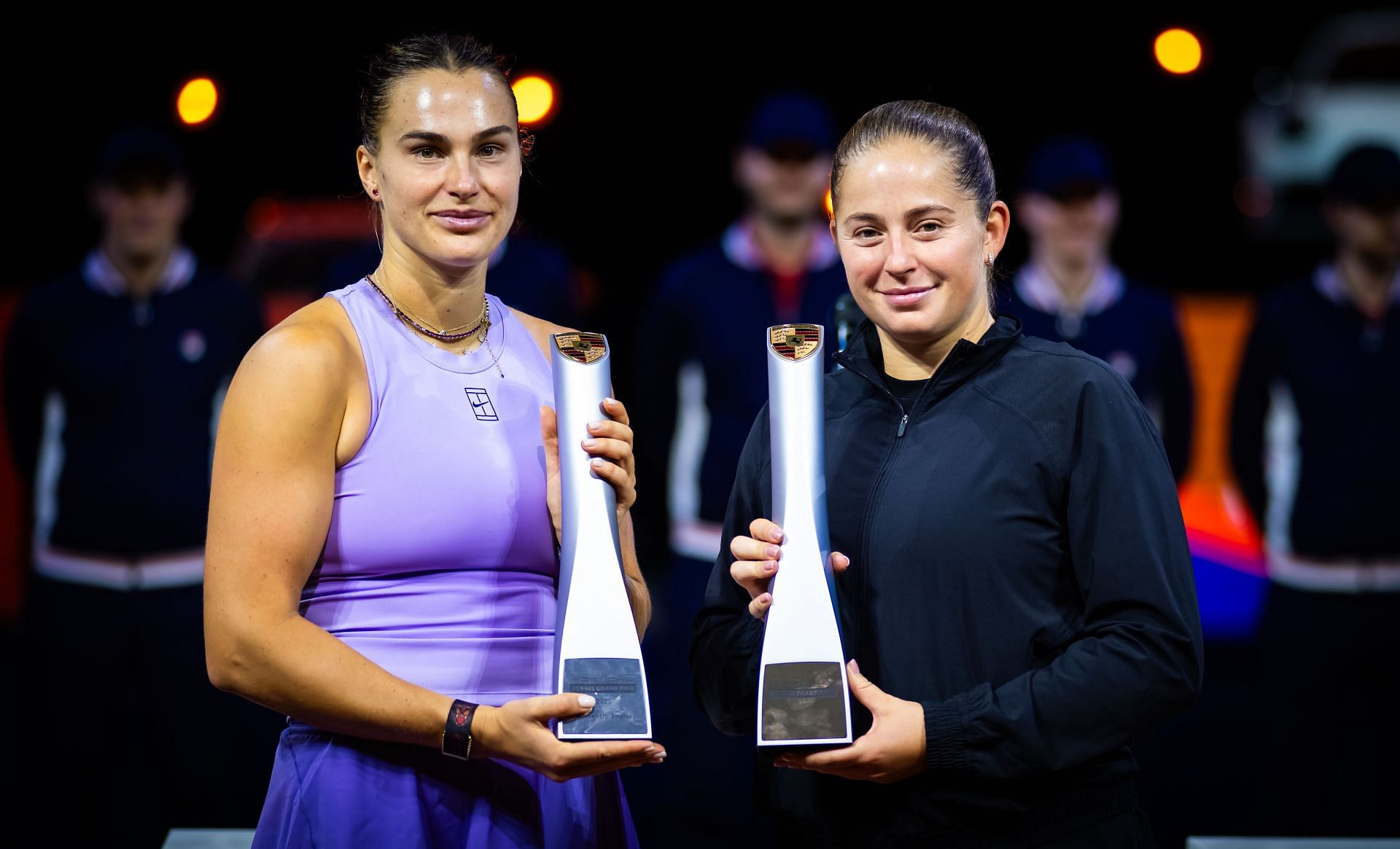 Runner-up Aryna Sabalenka (left) and champion Jelena Ostapenko (right) at the 2025 Porsche Tennis Grand Prix in Stuttgart (Source: Getty)